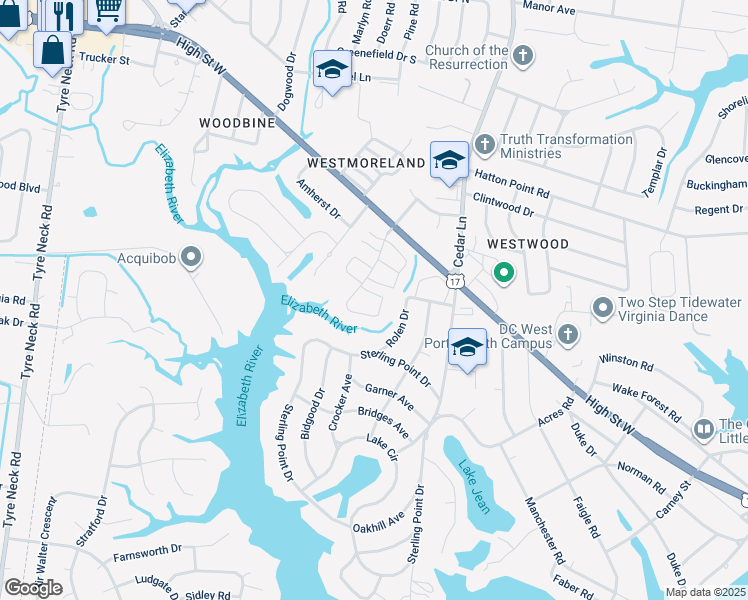 map of restaurants, bars, coffee shops, grocery stores, and more near 5016 Reese Dr N in Portsmouth