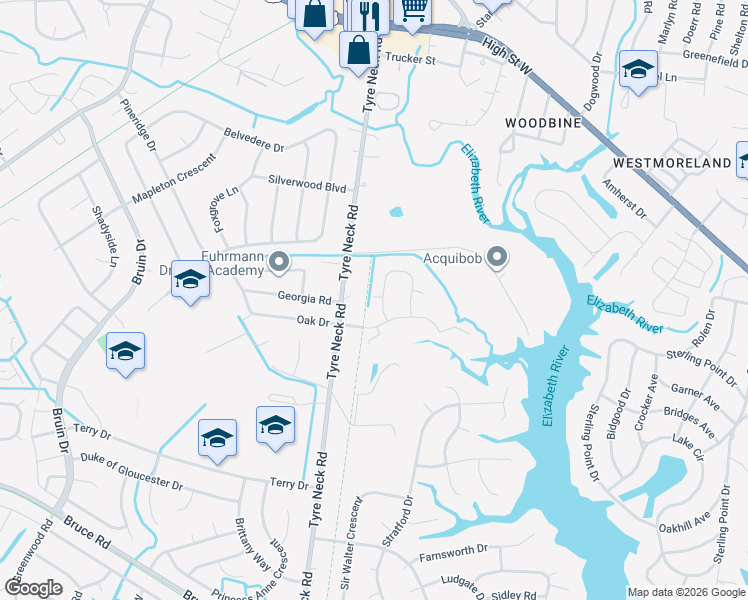 map of restaurants, bars, coffee shops, grocery stores, and more near 3149 Tyre Neck Road in Chesapeake