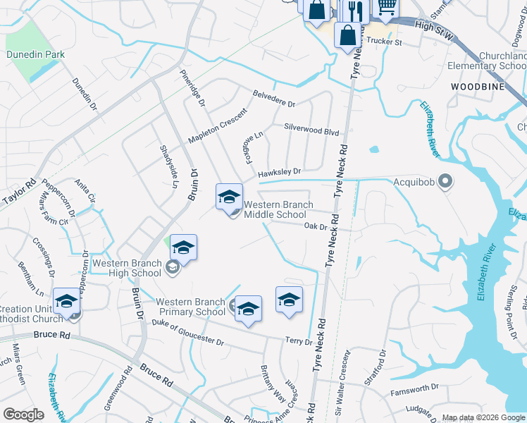 map of restaurants, bars, coffee shops, grocery stores, and more near 4025 Birchwood Avenue in Chesapeake