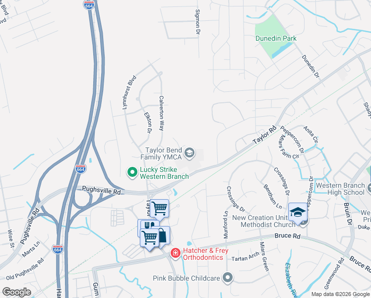 map of restaurants, bars, coffee shops, grocery stores, and more near 3529 Calverton Way in Chesapeake