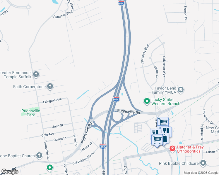 map of restaurants, bars, coffee shops, grocery stores, and more near 3109 Merrimac Court in Chesapeake