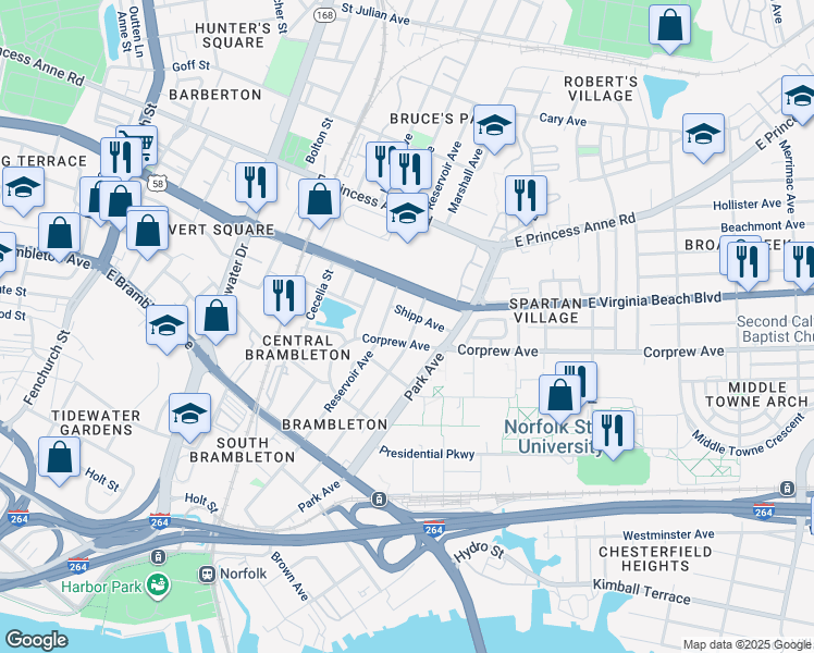 map of restaurants, bars, coffee shops, grocery stores, and more near 943 Marshall Ave in Norfolk