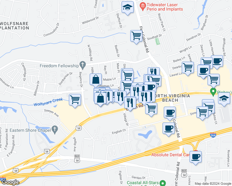 map of restaurants, bars, coffee shops, grocery stores, and more near 1837 Steve Lane in Virginia Beach