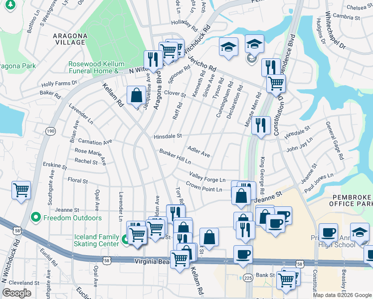 map of restaurants, bars, coffee shops, grocery stores, and more near 4809 Hinsdale Street in Virginia Beach