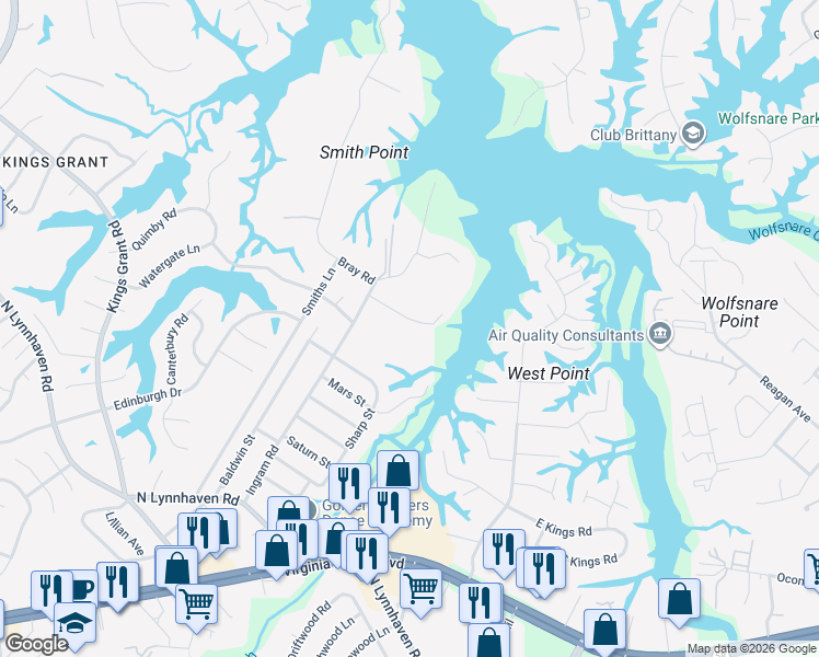 map of restaurants, bars, coffee shops, grocery stores, and more near 2906 River Breeze Cove in Virginia Beach