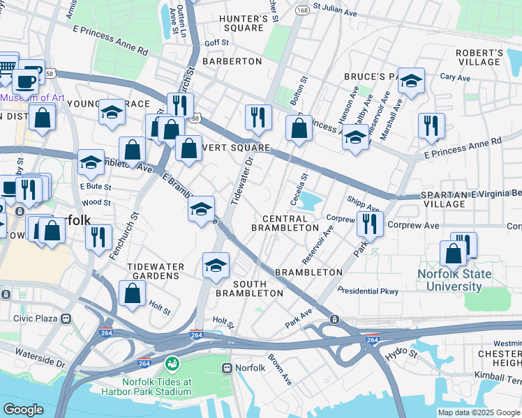 map of restaurants, bars, coffee shops, grocery stores, and more near 1150 East Olney Road in Norfolk