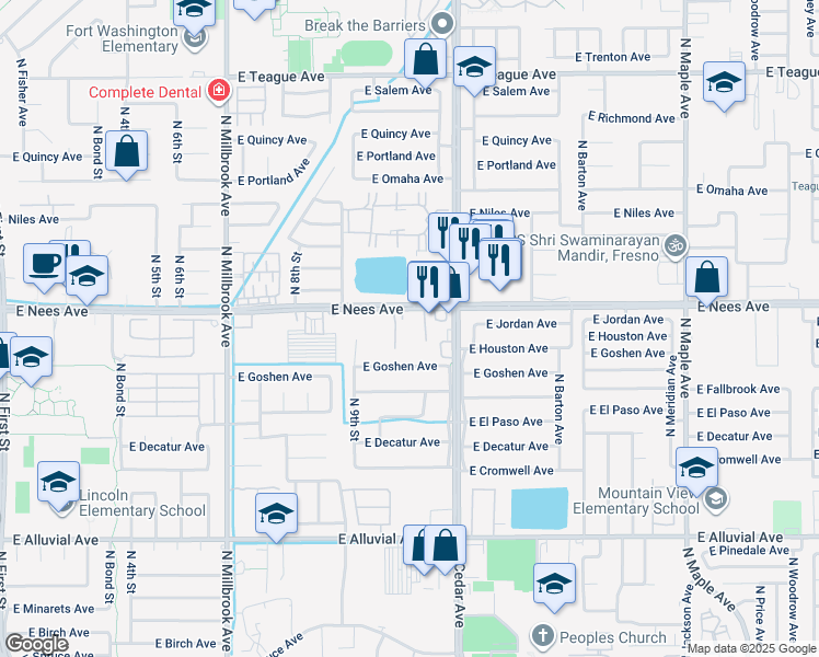 map of restaurants, bars, coffee shops, grocery stores, and more near 1425 East Nees Avenue in Fresno