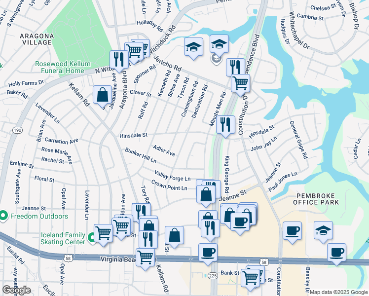 map of restaurants, bars, coffee shops, grocery stores, and more near 524 Declaration Road in Virginia Beach