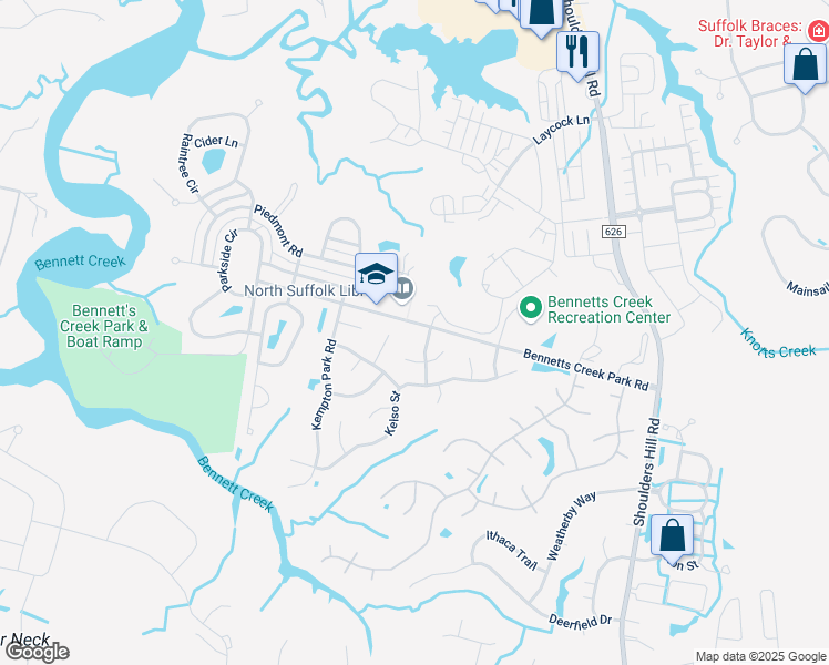 map of restaurants, bars, coffee shops, grocery stores, and more near 3000 Cheltenham Street in Suffolk