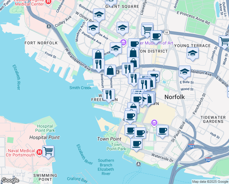 map of restaurants, bars, coffee shops, grocery stores, and more near 312 College Place in Norfolk