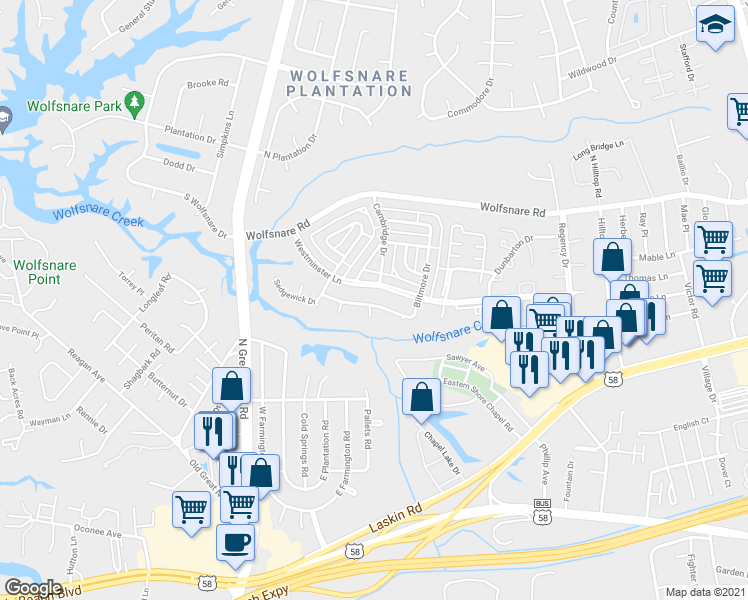 map of restaurants, bars, coffee shops, grocery stores, and more near 549 Biltmore Drive in Virginia Beach