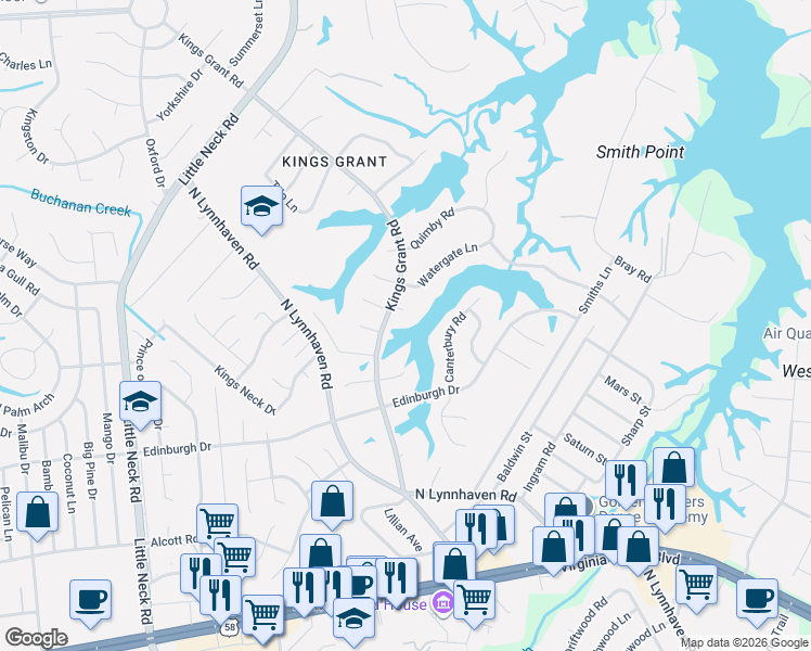 map of restaurants, bars, coffee shops, grocery stores, and more near 533 Kings Grant Road in Virginia Beach