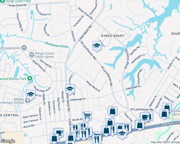 map of restaurants, bars, coffee shops, grocery stores, and more near 509 Boswell Court in Virginia Beach
