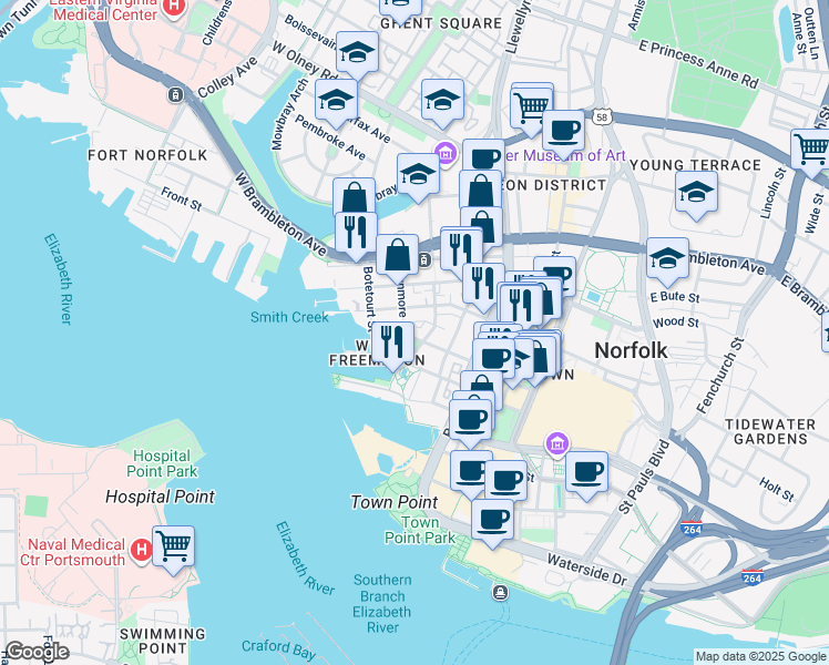 map of restaurants, bars, coffee shops, grocery stores, and more near 312 College Place in Norfolk