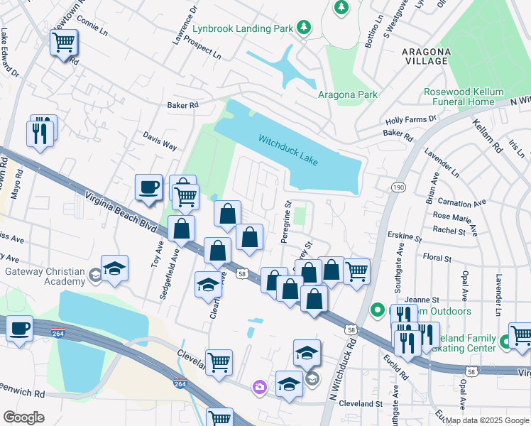 map of restaurants, bars, coffee shops, grocery stores, and more near 480 Adkins Arch in Virginia Beach