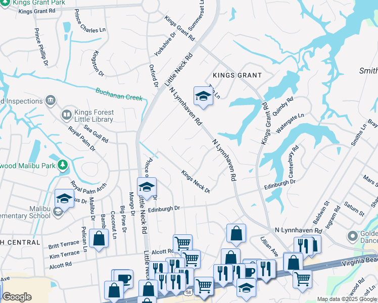 map of restaurants, bars, coffee shops, grocery stores, and more near 509 Boswell Court in Virginia Beach