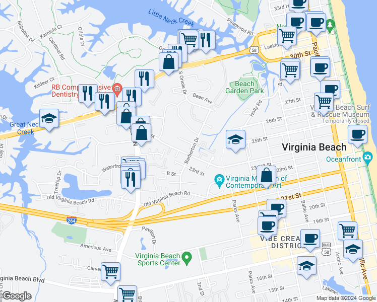 map of restaurants, bars, coffee shops, grocery stores, and more near 865 24th Street in Virginia Beach