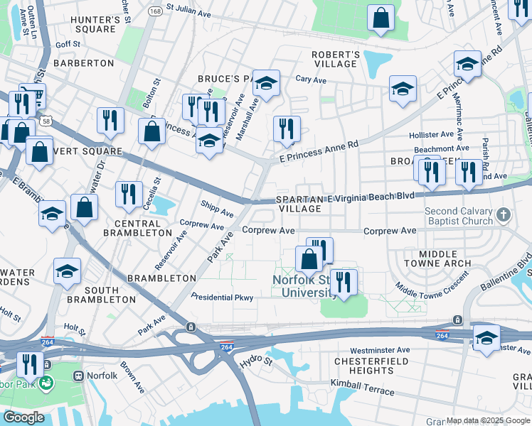 map of restaurants, bars, coffee shops, grocery stores, and more near 1677 Madison Avenue in Norfolk
