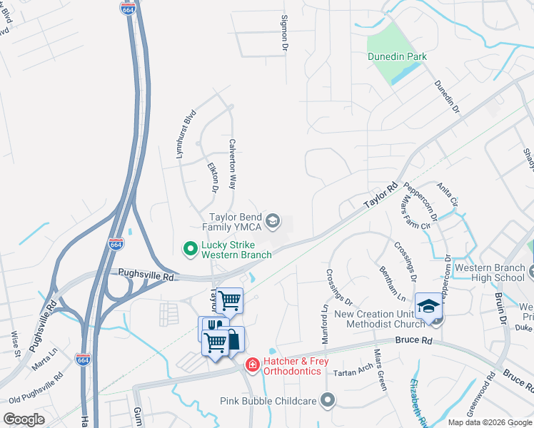 map of restaurants, bars, coffee shops, grocery stores, and more near 3529 Calverton Way in Chesapeake