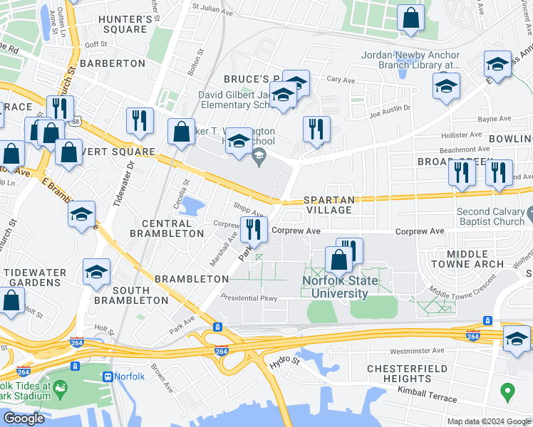 map of restaurants, bars, coffee shops, grocery stores, and more near 949 Park Avenue in Norfolk
