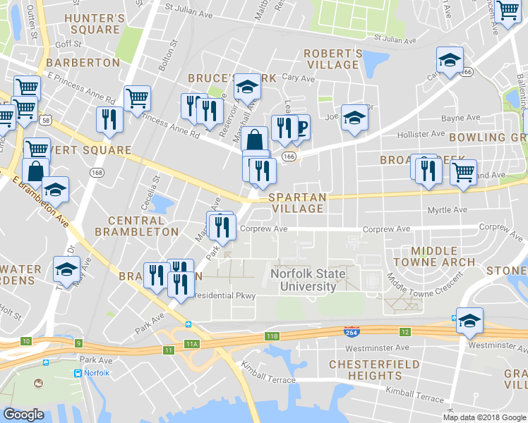 map of restaurants, bars, coffee shops, grocery stores, and more near 1677 Madison Avenue in Norfolk