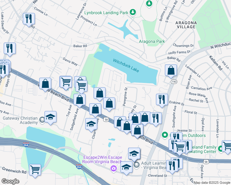map of restaurants, bars, coffee shops, grocery stores, and more near 464 Adkins Arch in Virginia Beach