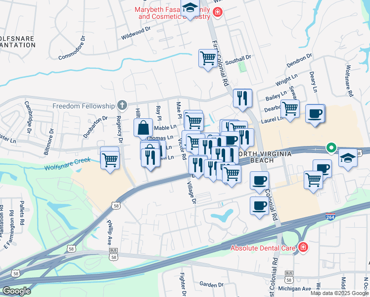 map of restaurants, bars, coffee shops, grocery stores, and more near 728 Victor Road in Virginia Beach