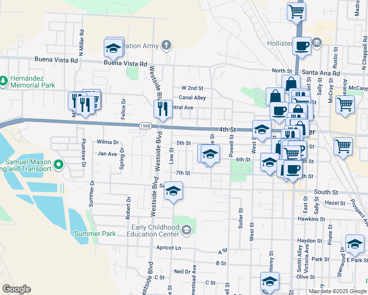 map of restaurants, bars, coffee shops, grocery stores, and more near 805 5th Street in Hollister