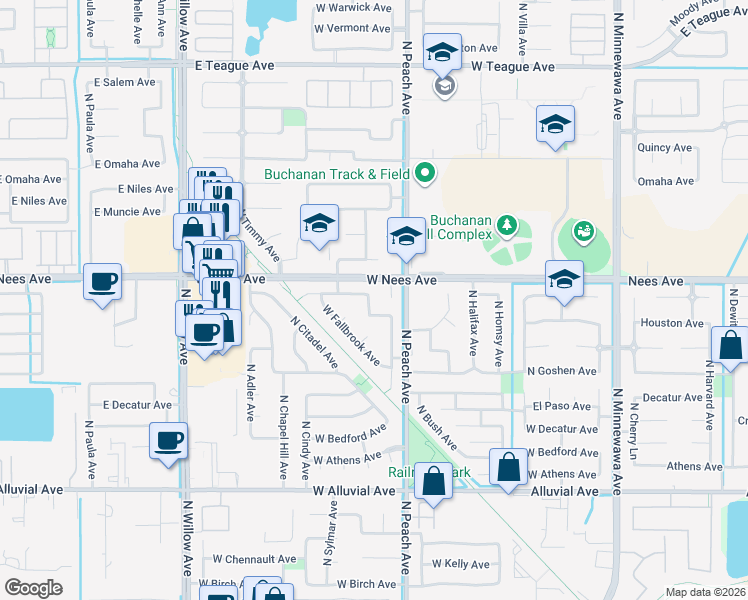map of restaurants, bars, coffee shops, grocery stores, and more near 412 West Nees Avenue in Clovis