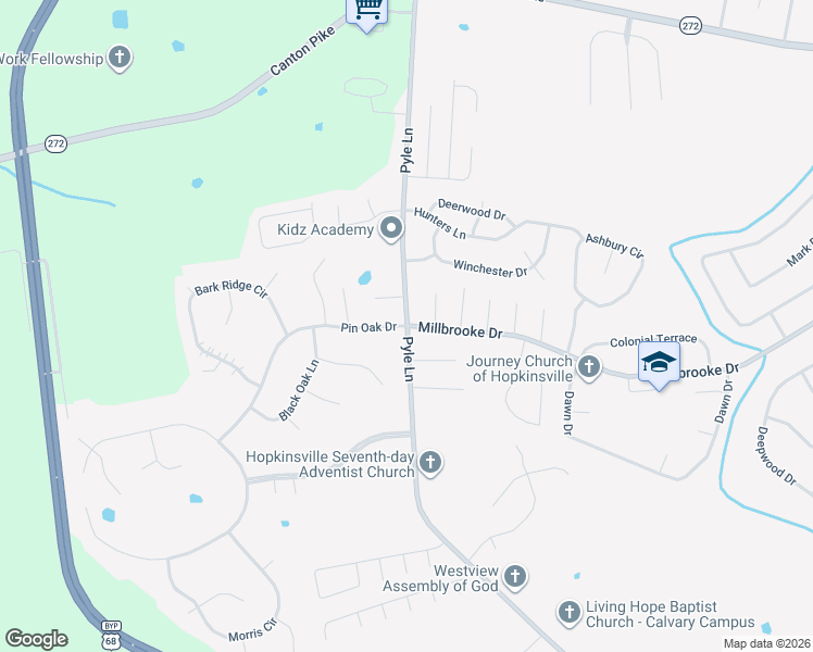 map of restaurants, bars, coffee shops, grocery stores, and more near 1000 Pin Oak Drive in Hopkinsville