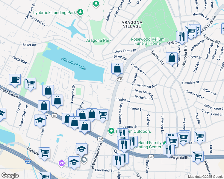 map of restaurants, bars, coffee shops, grocery stores, and more near 463 North Witchduck Road in Virginia Beach