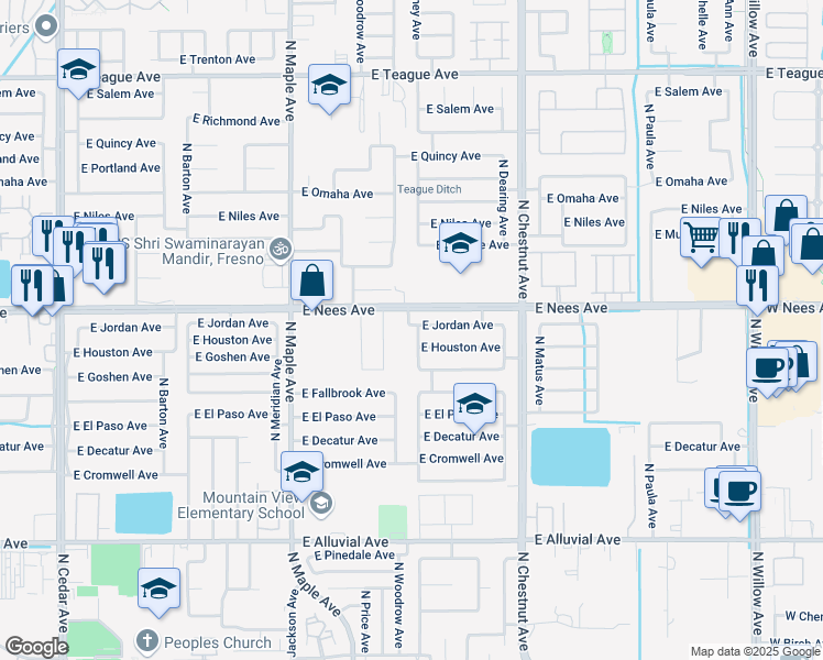 map of restaurants, bars, coffee shops, grocery stores, and more near 223 East Nees Avenue in Fresno