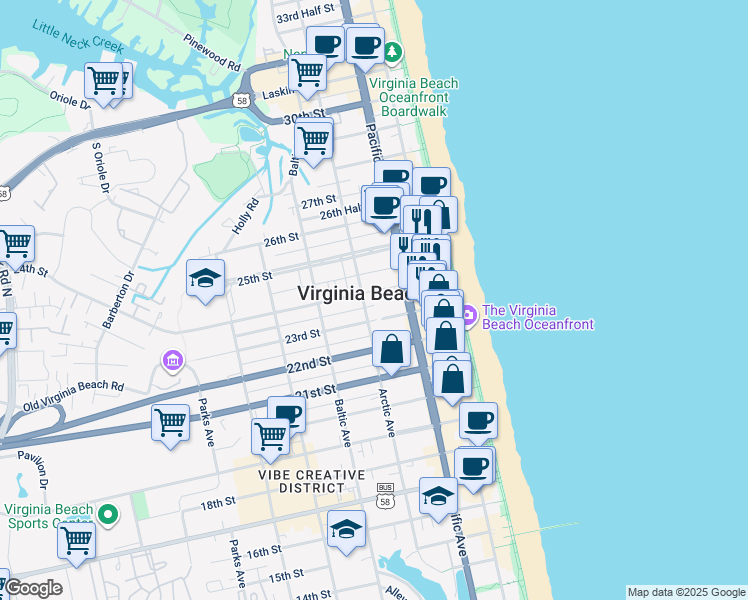 map of restaurants, bars, coffee shops, grocery stores, and more near 309 24th Street in Virginia Beach
