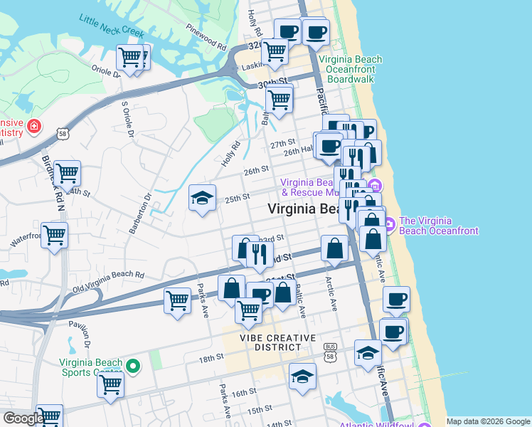 map of restaurants, bars, coffee shops, grocery stores, and more near 527 24th 1/2 Street in Virginia Beach