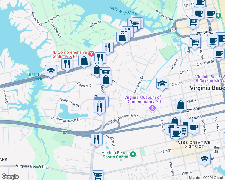 map of restaurants, bars, coffee shops, grocery stores, and more near 508 Elmo Trower Lane in Virginia Beach