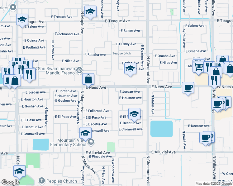 map of restaurants, bars, coffee shops, grocery stores, and more near 223 East Nees Avenue in Fresno
