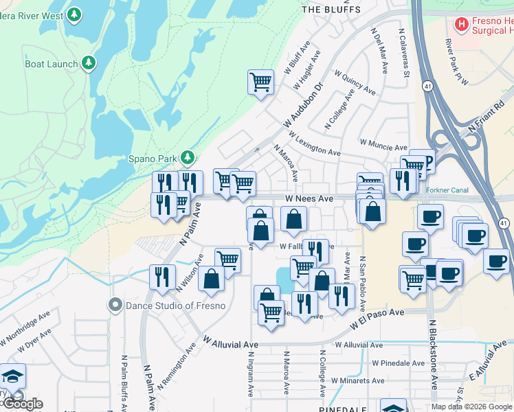 map of restaurants, bars, coffee shops, grocery stores, and more near 7798 North Ingram Avenue in Fresno