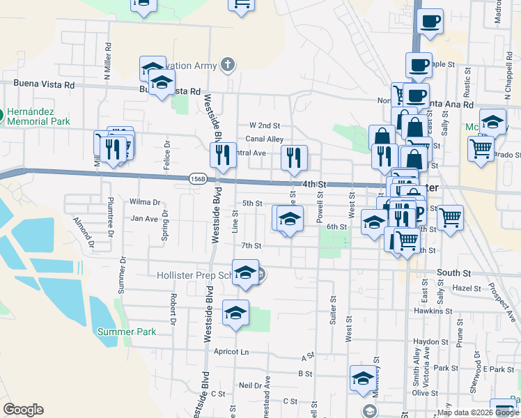 map of restaurants, bars, coffee shops, grocery stores, and more near 794 5th Street in Hollister
