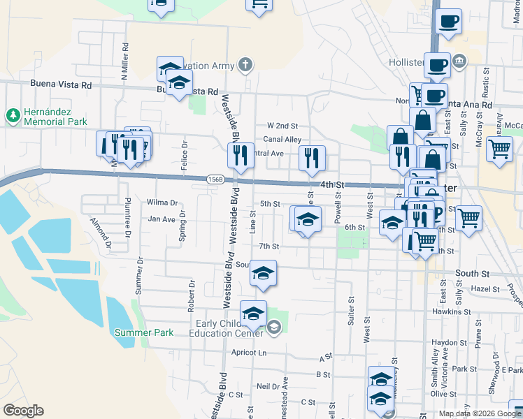 map of restaurants, bars, coffee shops, grocery stores, and more near 450 Line Street in Hollister