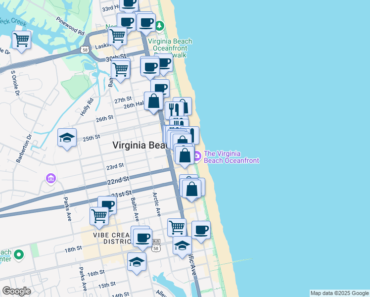 map of restaurants, bars, coffee shops, grocery stores, and more near 2321 Atlantic Avenue in Virginia Beach