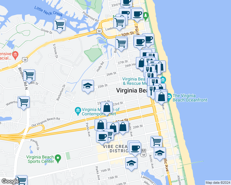 map of restaurants, bars, coffee shops, grocery stores, and more near 527 24 1/2 Street in Virginia Beach