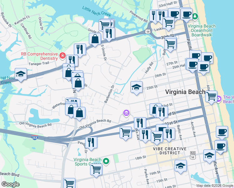 map of restaurants, bars, coffee shops, grocery stores, and more near 137 Seawatch Cove in Virginia Beach
