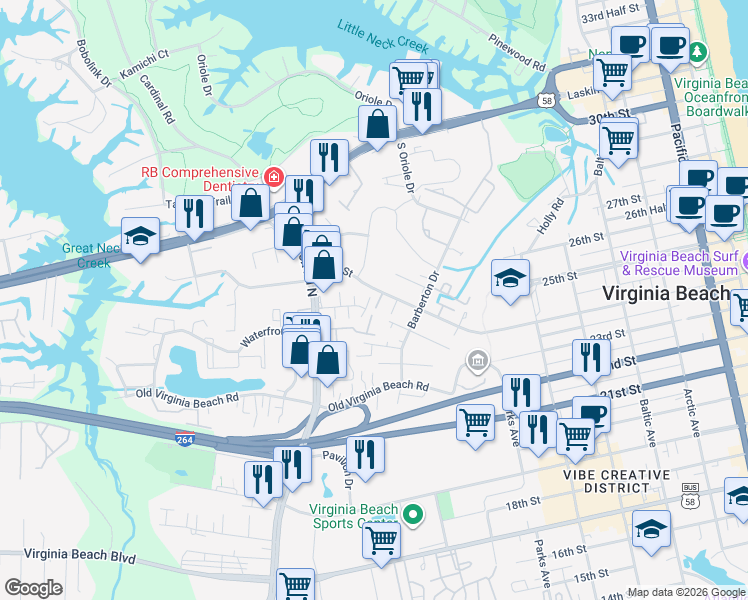 map of restaurants, bars, coffee shops, grocery stores, and more near 909 24th Street in Virginia Beach