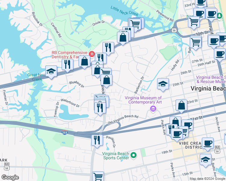 map of restaurants, bars, coffee shops, grocery stores, and more near 504 Elmo Trower Lane in Virginia Beach