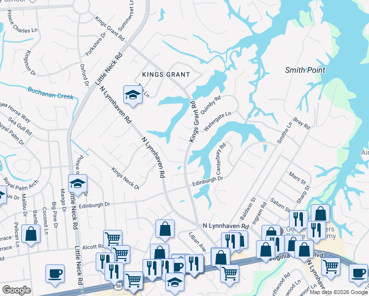 map of restaurants, bars, coffee shops, grocery stores, and more near 533 Kings Grant Road in Virginia Beach