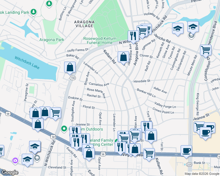 map of restaurants, bars, coffee shops, grocery stores, and more near 560 Lavender Lane in Virginia Beach