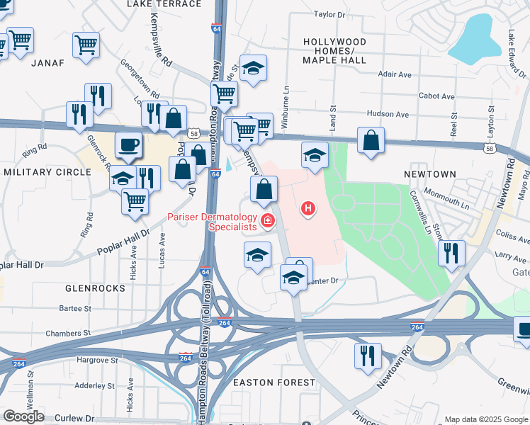 map of restaurants, bars, coffee shops, grocery stores, and more near in Norfolk