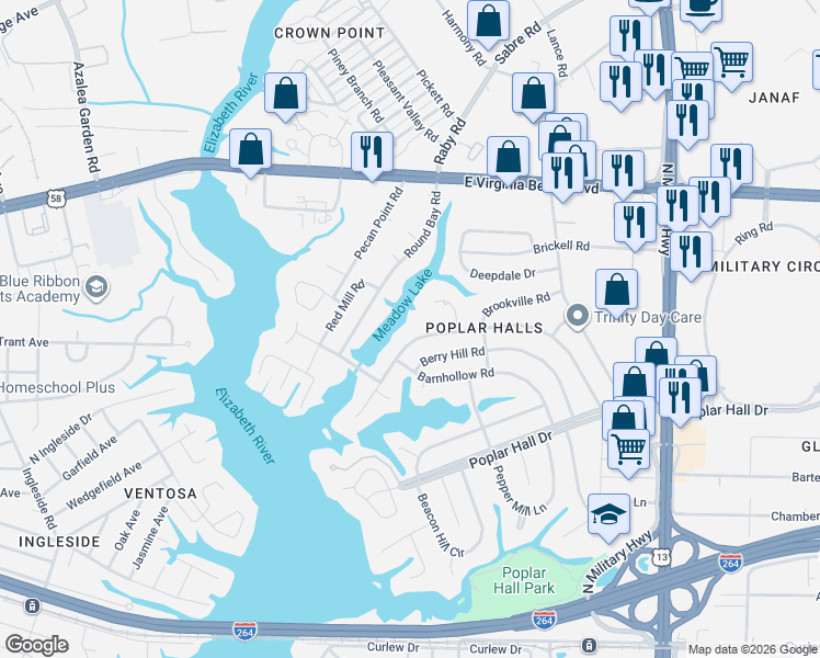 map of restaurants, bars, coffee shops, grocery stores, and more near 727 Bayberry Lane in Norfolk