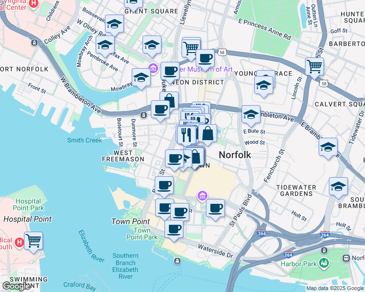 map of restaurants, bars, coffee shops, grocery stores, and more near 421 Granby Street in Norfolk