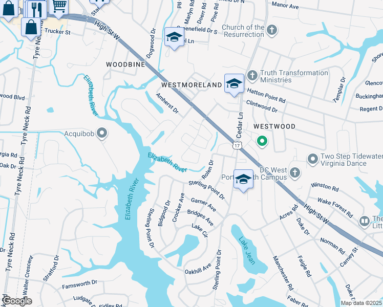 map of restaurants, bars, coffee shops, grocery stores, and more near 5026 Reese Drive North in Portsmouth